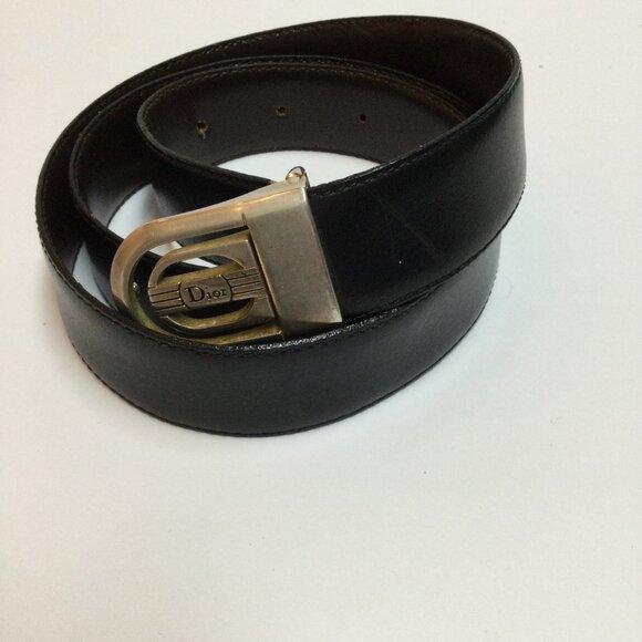 Christian Dior Black Leather Belt Gold Tone Buckle Size 34 Adjustable Classic